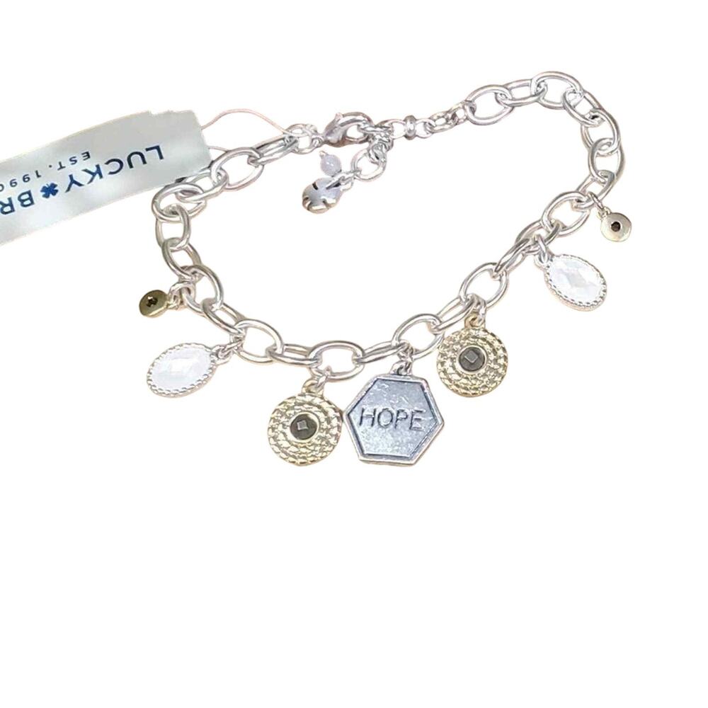Lucky Brand Silver Tone Charm Bracelet Hope Hexagon White Oval Gold Tone Charms
